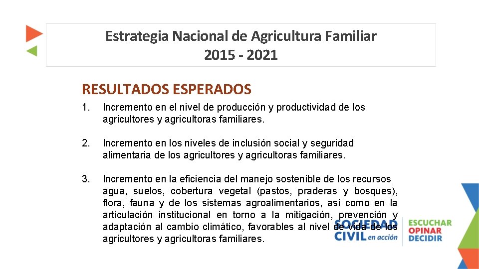 Estrategia Nacional de Agricultura Familiar 2015 - 2021 RESULTADOS ESPERADOS 1. Incremento en el