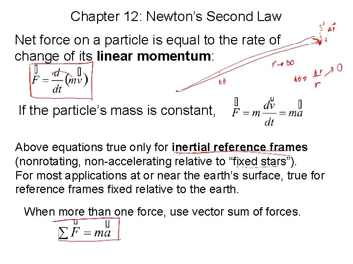 Chapter 12: Newton’s Second Law Net force on a particle is equal to the