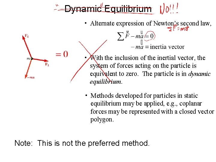 Dynamic Equilibrium • Alternate expression of Newton’s second law, • With the inclusion of