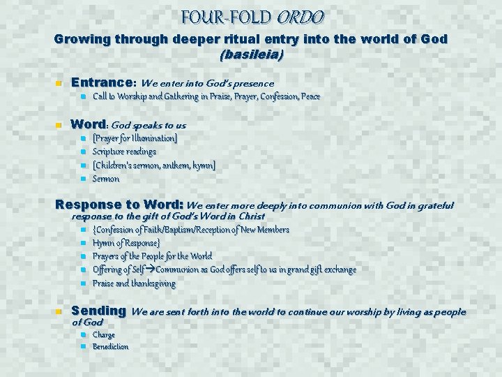 FOUR-FOLD ORDO Growing through deeper ritual entry into the world of God (basileia) n