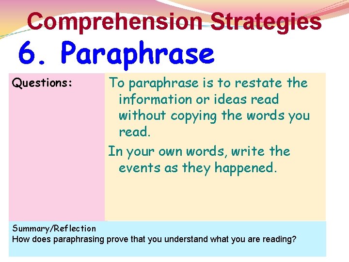 Comprehension Strategies 6. Paraphrase Questions: To paraphrase is to restate the information or ideas
