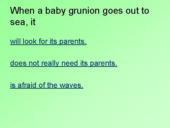 When a baby grunion goes out to sea, it will look for its parents.