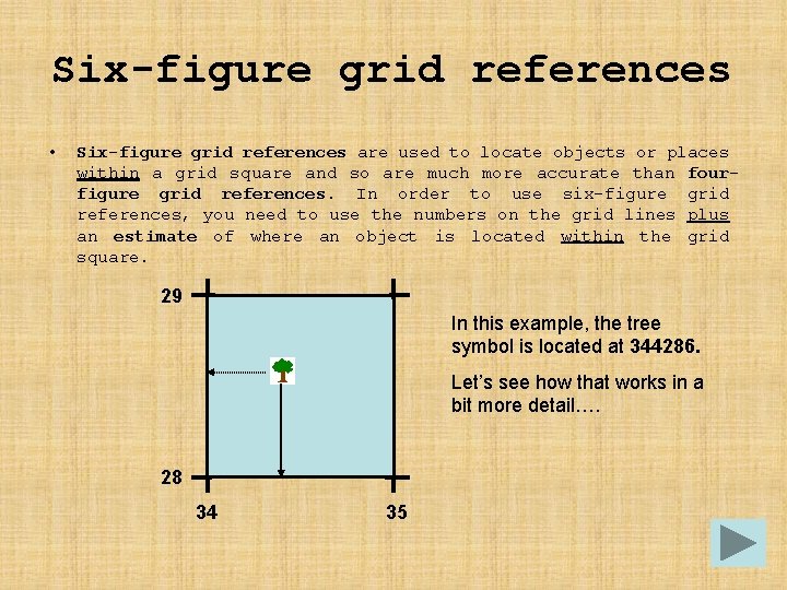 Six-figure grid references • Six-figure grid references are used to locate objects or places