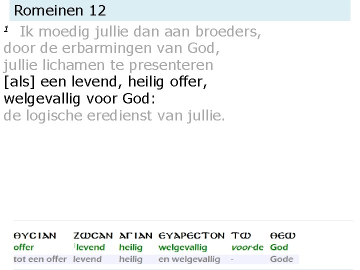 Romeinen 12 1 Ik moedig jullie dan aan broeders, door de erbarmingen van God,