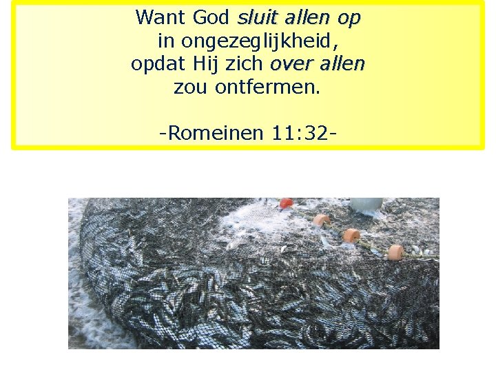 Want God sluit allen op in ongezeglijkheid, opdat Hij zich over allen zou ontfermen.