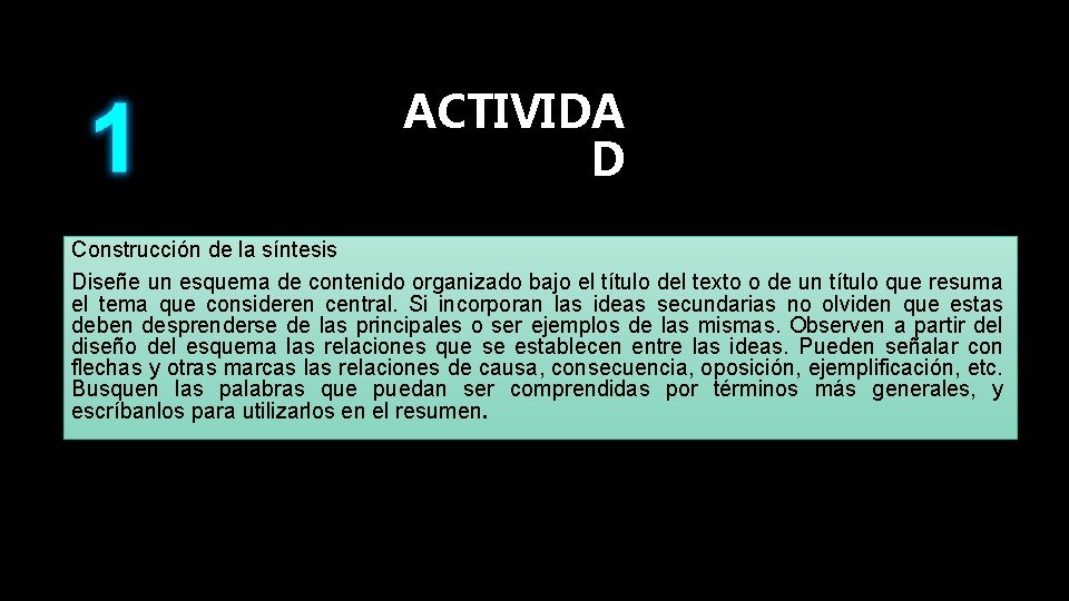 ACTIVIDA D Construcción de la síntesis Diseñe un esquema de contenido organizado bajo el