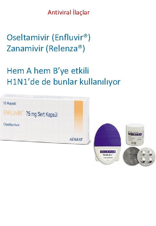 Antiviral İlaçlar Oseltamivir (Enfluvir®) Zanamivir (Relenza®) Hem A hem B’ye etkili H 1 N