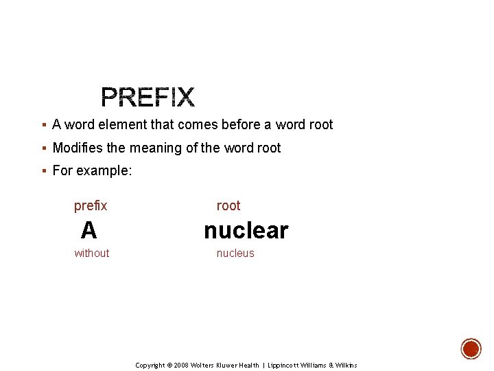 § A word element that comes before a word root § Modifies the meaning § A word element that comes before a word root § Modifies the meaning