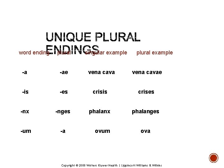 word ending plural singular example plural example -a -ae vena cavae -is -es crisis word ending plural singular example plural example -a -ae vena cavae -is -es crisis