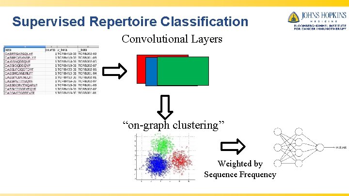 Supervised Repertoire Classification Convolutional Layers “on-graph clustering” Weighted by Sequence Frequency 