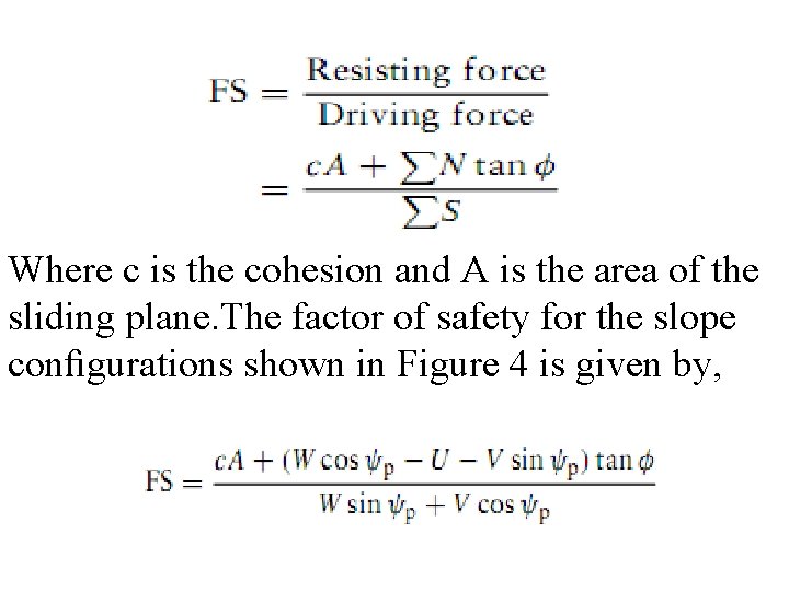 Where c is the cohesion and A is the area of the sliding plane. Where c is the cohesion and A is the area of the sliding plane.