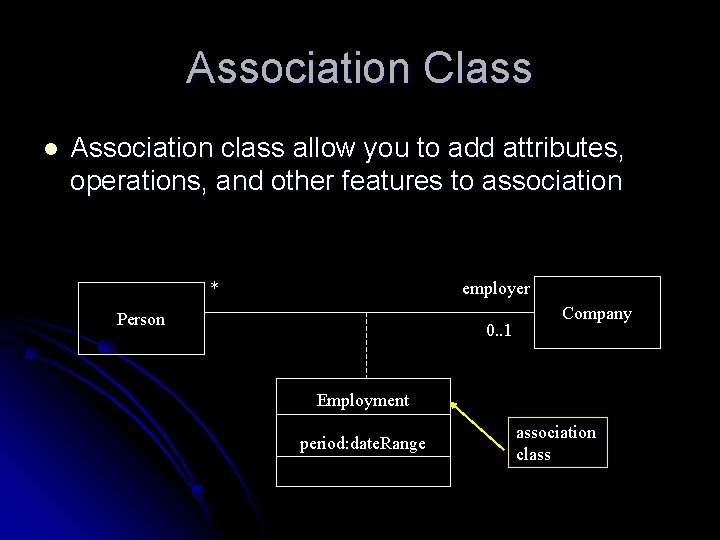 Association Class l Association class allow you to add attributes, operations, and other features