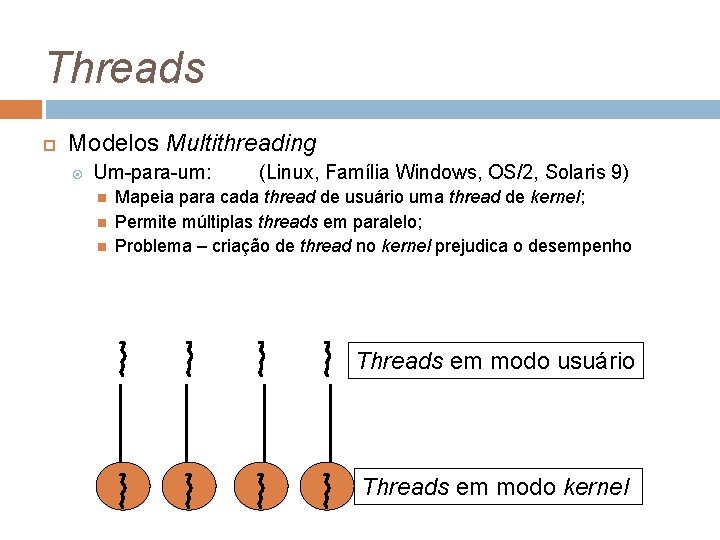 Threads Modelos Multithreading Um-para-um: (Linux, Família Windows, OS/2, Solaris 9) Mapeia para cada thread