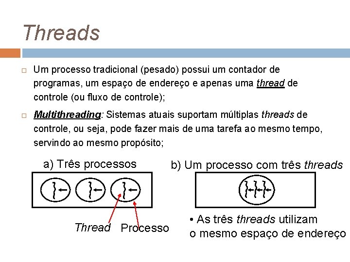 Threads Um processo tradicional (pesado) possui um contador de programas, um espaço de endereço