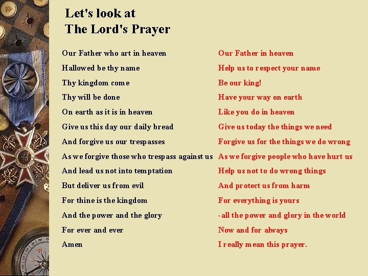 Let's look at The Lord's Prayer Our Father who art in heaven Our Father