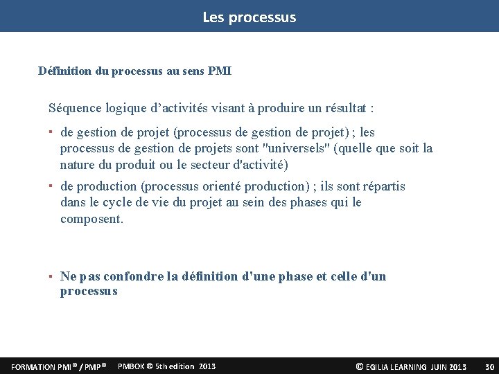 Les processus Définition du processus au sens PMI Séquence logique d’activités visant à produire