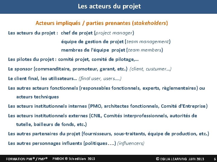 Les acteurs du projet Acteurs impliqués / parties prenantes (stakeholders) Les acteurs du projet