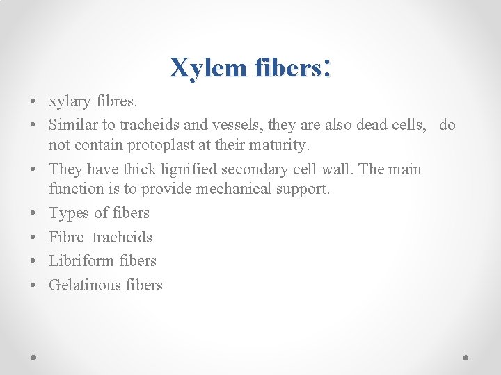 Xylem fibers: • xylary fibres. • Similar to tracheids and vessels, they are also