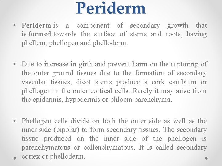 Periderm • Periderm is a component of secondary growth that is formed towards the