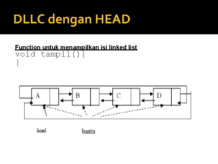 DLLC dengan HEAD Function untuk menampilkan isi linked list void tampil(){ } DLLC dengan HEAD Function untuk menampilkan isi linked list void tampil(){ }