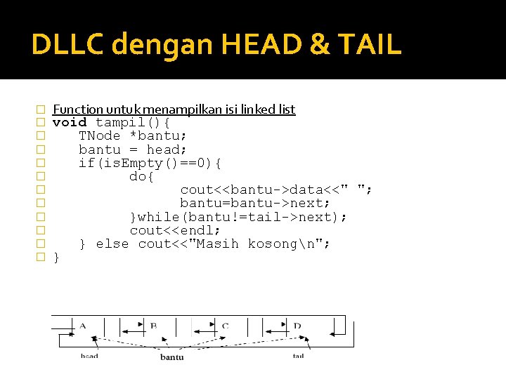 DLLC dengan HEAD & TAIL � � � Function untuk menampilkan isi linked list DLLC dengan HEAD & TAIL � � � Function untuk menampilkan isi linked list