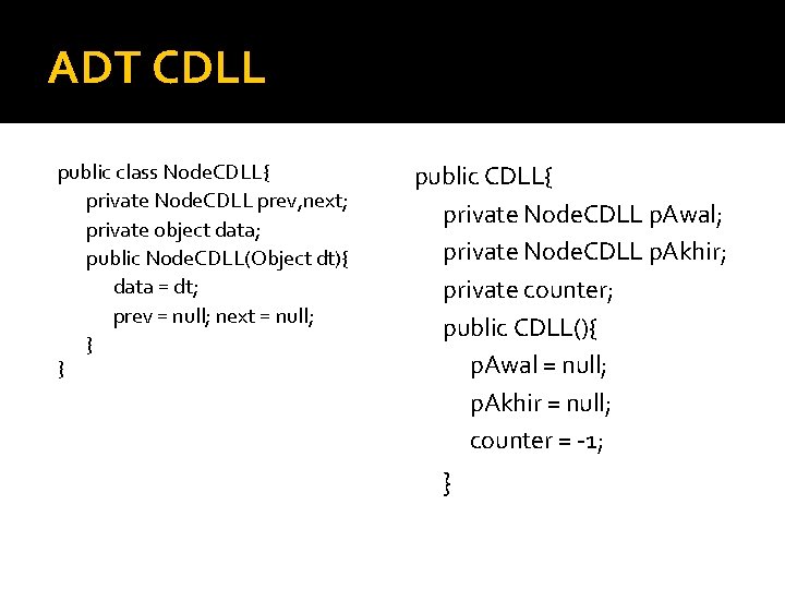 ADT CDLL public class Node. CDLL{ private Node. CDLL prev, next; private object data; ADT CDLL public class Node. CDLL{ private Node. CDLL prev, next; private object data;