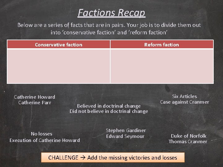 Factions Recap Below are a series of facts that are in pairs. Your job