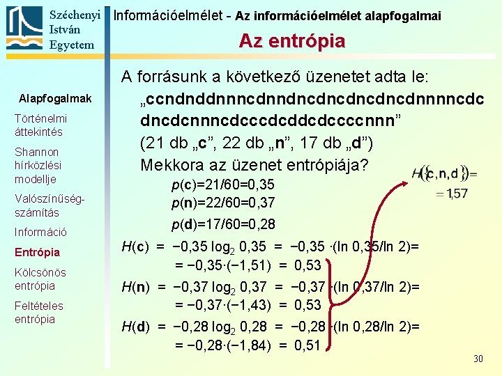 Széchenyi Információelmélet - Az információelmélet alapfogalmai István Az entrópia Egyetem Alapfogalmak Történelmi áttekintés Shannon