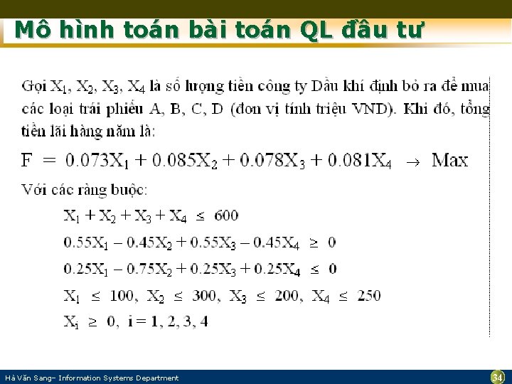 Mô hình toán bài toán QL đầu tư Hà Văn Sang– Information Systems Department