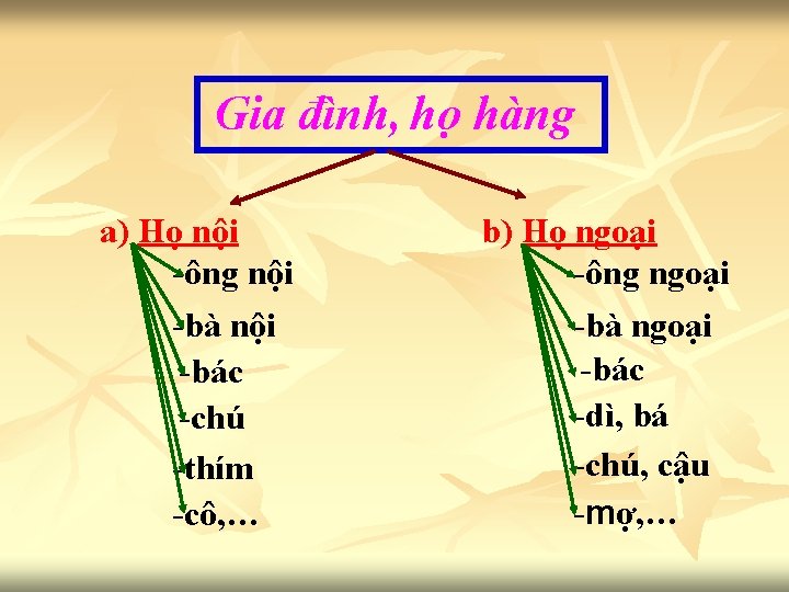 Gia đình, họ hàng a) Họ nội -ông nội -bà nội -bác -chú -thím