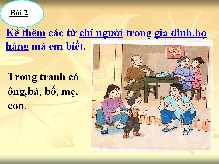 Bài 2 Kể thêm các từ chỉ người trong gia đình, họ hàng mà