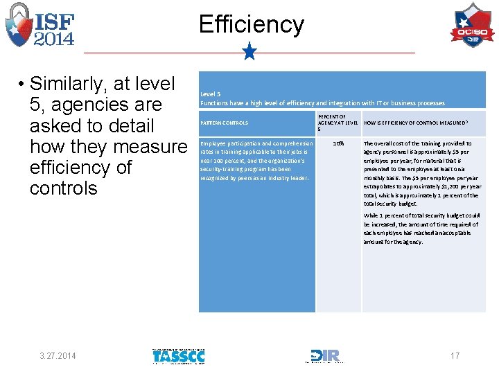 Efficiency • Similarly, at level 5, agencies are asked to detail how they measure