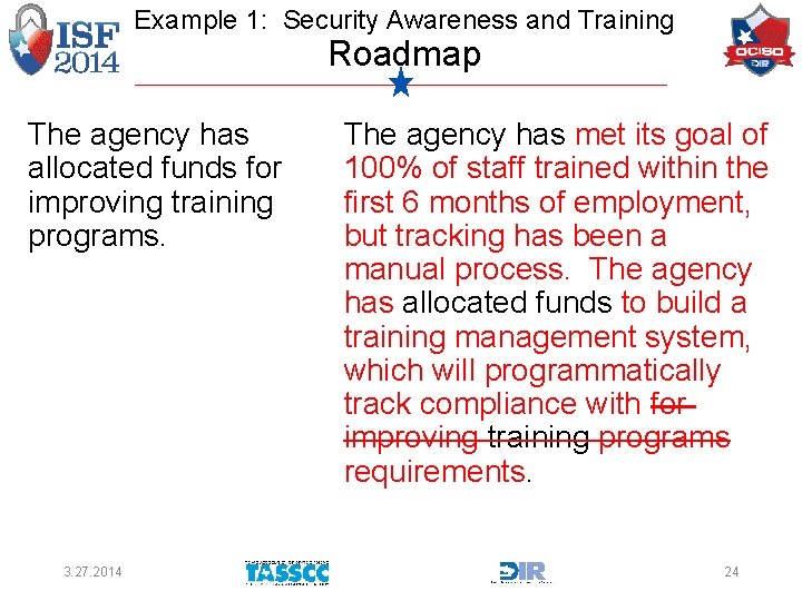 Example 1: Security Awareness and Training Roadmap The agency has allocated funds for improving