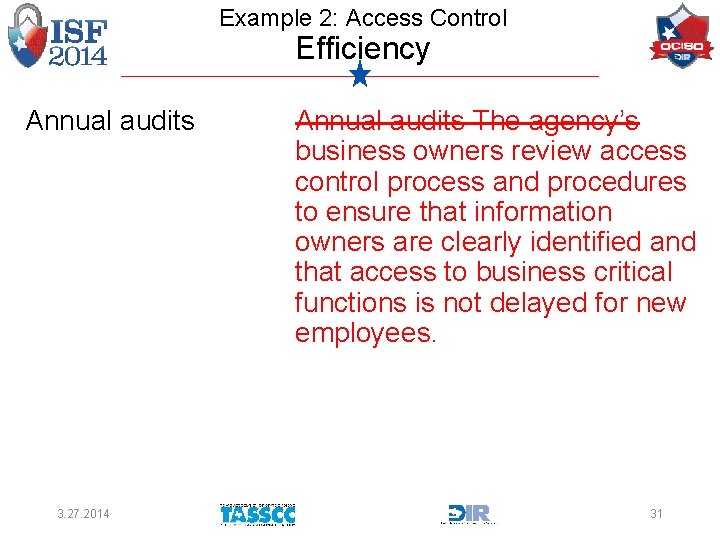 Example 2: Access Control Efficiency Annual audits 3. 27. 2014 Annual audits The agency’s