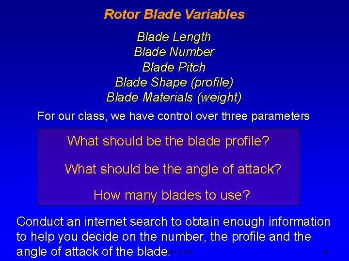 Rotor Blade Variables Blade Length Blade Number Blade Pitch Blade Shape (profile) Blade Materials Rotor Blade Variables Blade Length Blade Number Blade Pitch Blade Shape (profile) Blade Materials