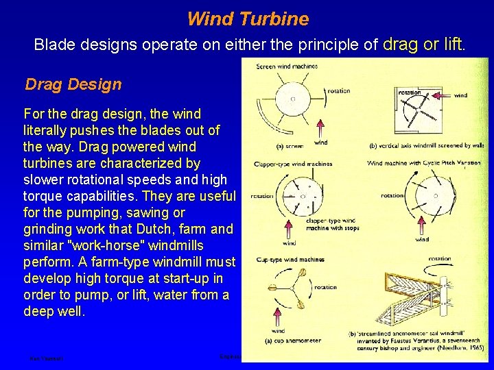 Wind Turbine Blade designs operate on either the principle of drag or lift. Drag Wind Turbine Blade designs operate on either the principle of drag or lift. Drag