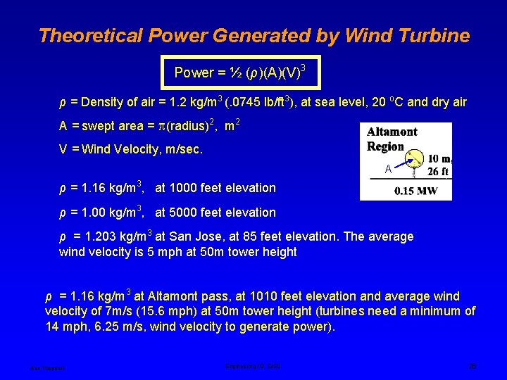 Theoretical Power Generated by Wind Turbine Power = ½ (ρ)(A)(V)3 ρ = Density of Theoretical Power Generated by Wind Turbine Power = ½ (ρ)(A)(V)3 ρ = Density of