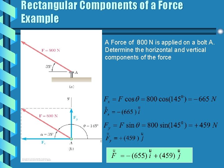 Rectangular Components of a Force Example A Force of 800 N is applied on
