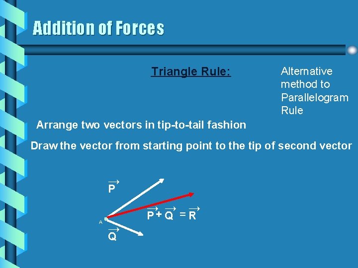 Addition of Forces Triangle Rule: Alternative method to Parallelogram Rule Arrange two vectors in
