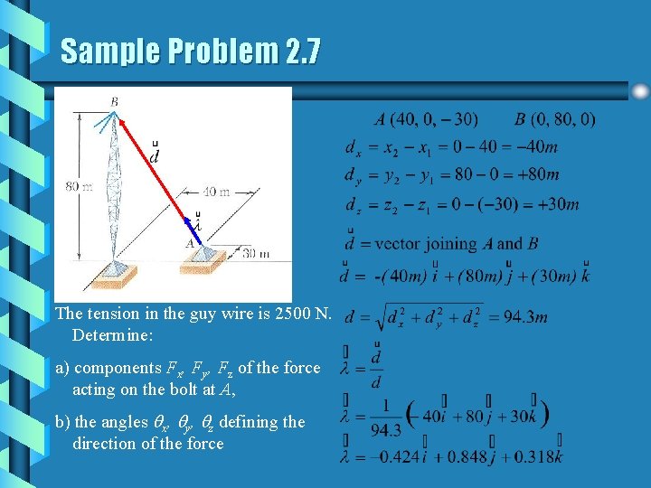 Sample Problem 2. 7 The tension in the guy wire is 2500 N. Determine: