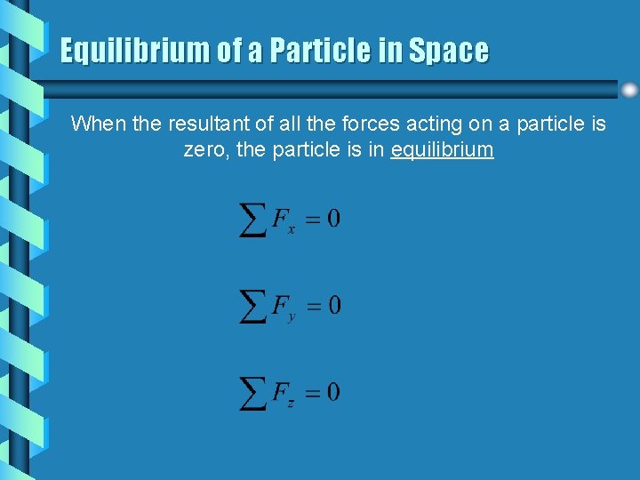 Equilibrium of a Particle in Space When the resultant of all the forces acting