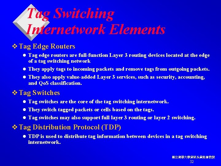 Tag Switching Internetwork Elements v Tag Edge Routers Tag edge routers are full-function Layer