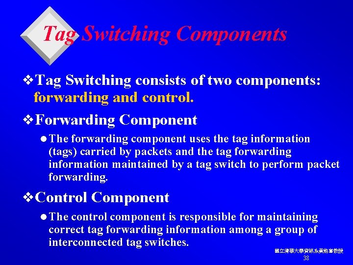 Tag Switching Components v. Tag Switching consists of two components: forwarding and control. v.