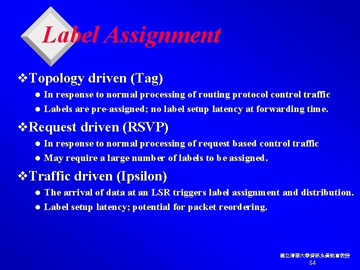 Label Assignment v. Topology driven (Tag) In response to normal processing of routing protocol