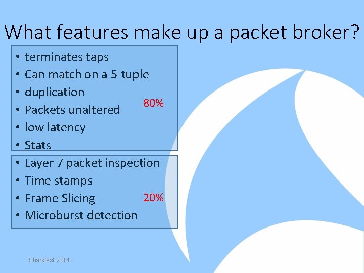What features make up a packet broker? • • • terminates taps Can match
