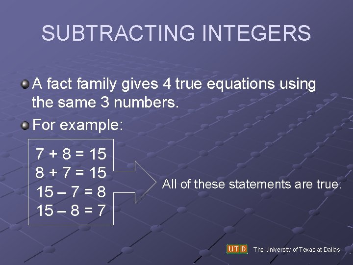 SUBTRACTING INTEGERS A fact family gives 4 true equations using the same 3 numbers.