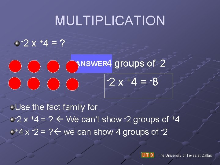 MULTIPLICATION -2 x +4 = ? ANSWER 4 groups of -2 -2 x +