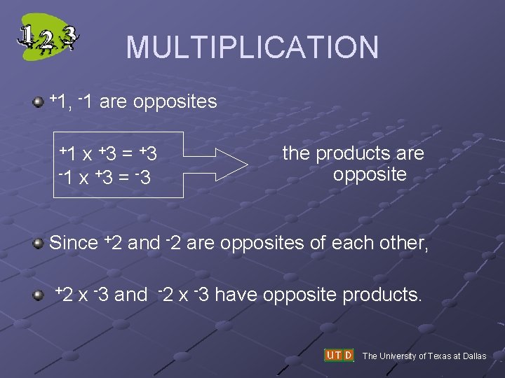 MULTIPLICATION +1, -1 +1 are opposites x +3 = +3 -1 x + 3