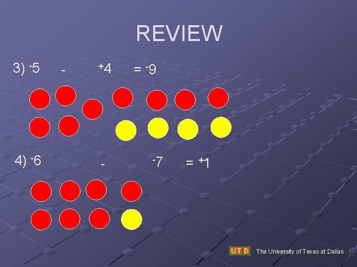 REVIEW 3) -5 4) -6 - +4 - = -9 -7 = +1 The