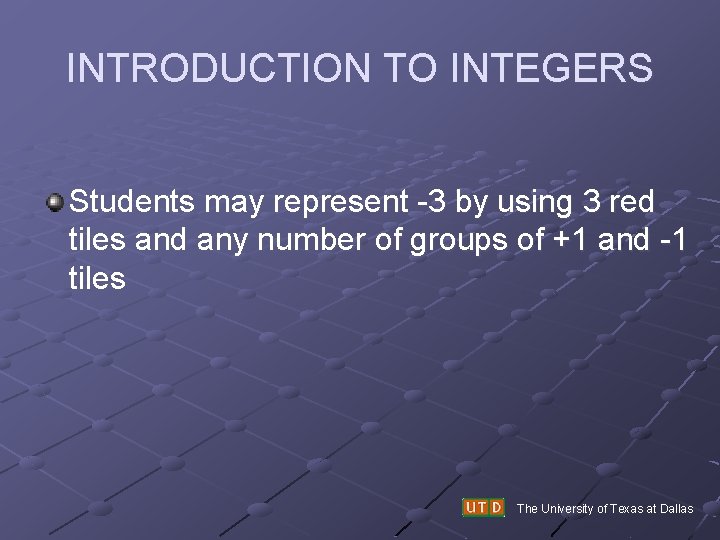 INTRODUCTION TO INTEGERS Students may represent -3 by using 3 red tiles and any